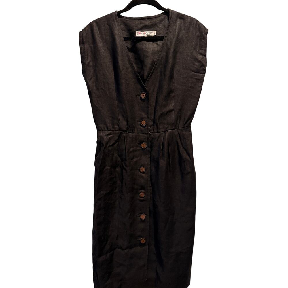 Vintage Saint Laurent Rive Gauche Womens EU 42 Black Linen Midi Dress France